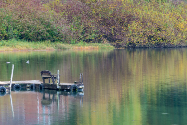 A chair on an empty dock, Lake Quinault, Washington